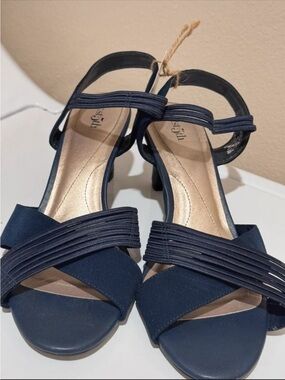 East 5th Navy Strappy Block Heel Sandals